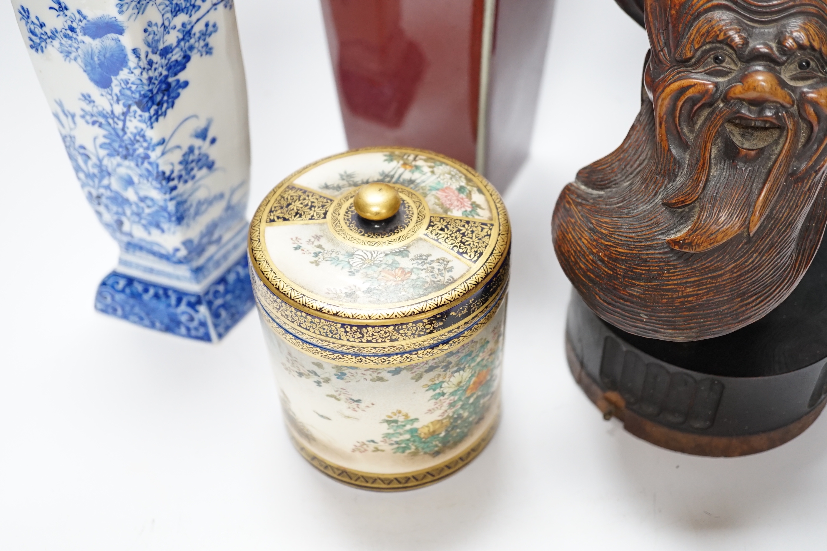 A Chinese sang-de-boeuf vase, a hongmu head, a Japanese Satsuma jar, a blue and white vase, and a turquoise and cream glazed vase etc, tallest sang-de-boeuf vase 25.5 cm high